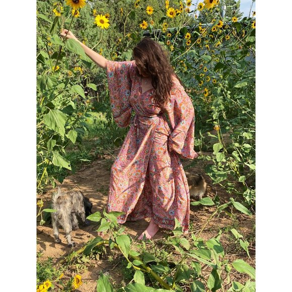 REVERSIBLE SILK DRESS Red Wrap Dress Duster Jacket Boho Hippie 100% Silk One Siz - Picture 3 of 5